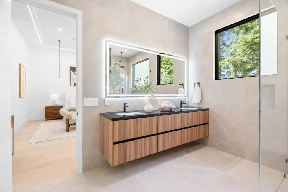 San Francisco bathroom remodel floating wood double vanity by California Bay Builders