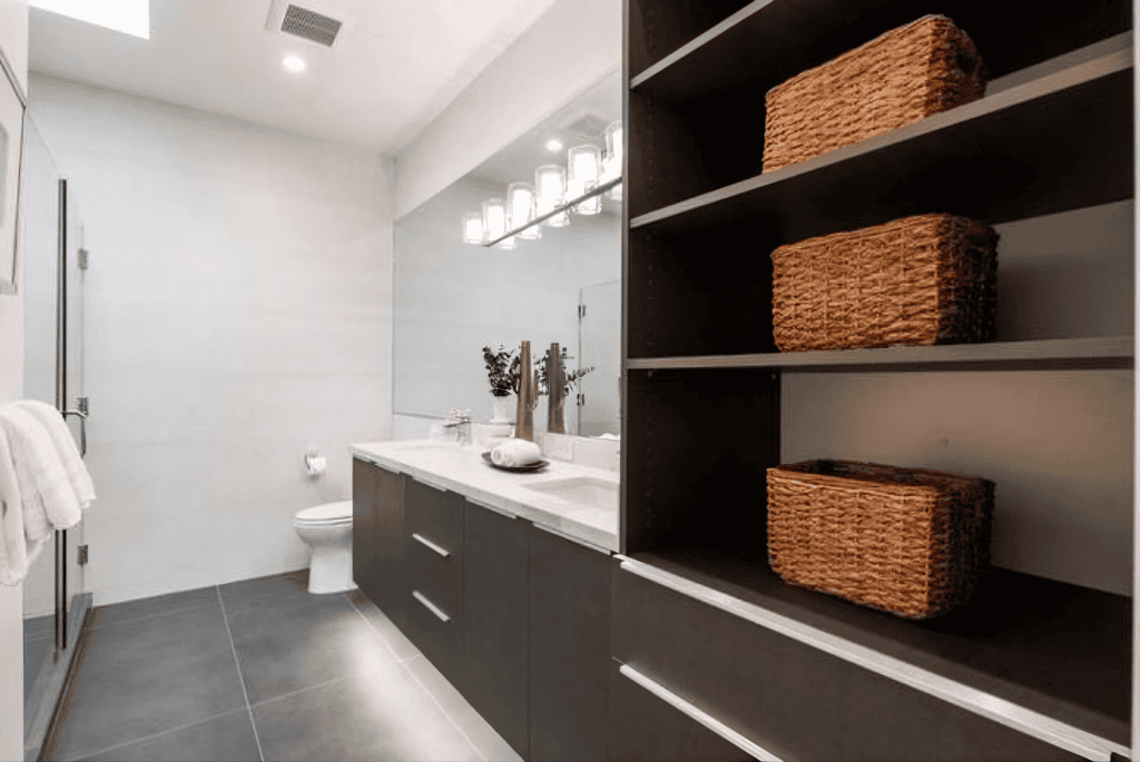 Floating vanity powder room in Saratoga whole home renovation by California Bay Builders